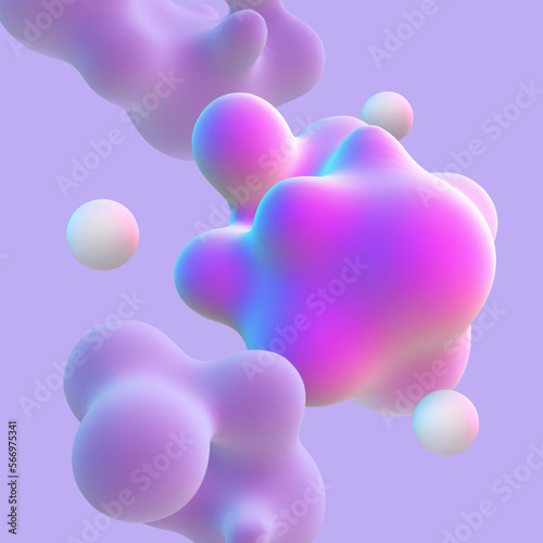 3D abstract nanoparticles on purple background. Concept of nanotechnology and nanomedicine: floating morphing particles, molecular structures or molecular cells. Fluid bubble shapes in motion, vector.