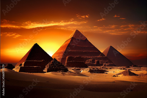 Sunset over the Pyramids of Giza. AI generated.