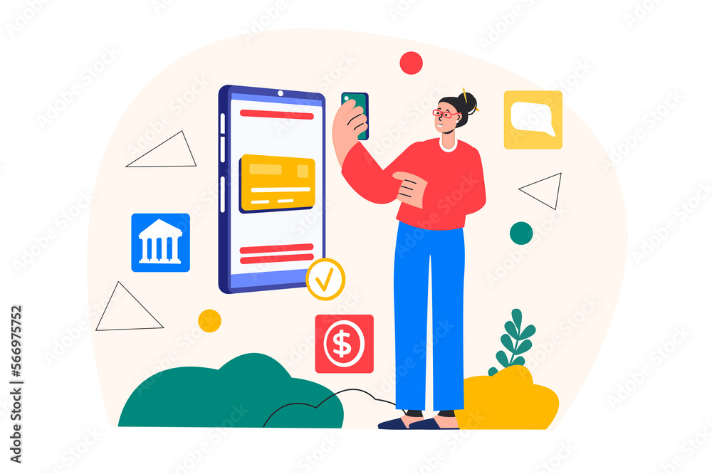 Concept Mobile banking with people scene in the flat cartoon design. Woman compares information on financial transactions on the phone. Concept Mobile banking with people scene in the flat cartoon design. Woman compares information on financial transactions on the phone.