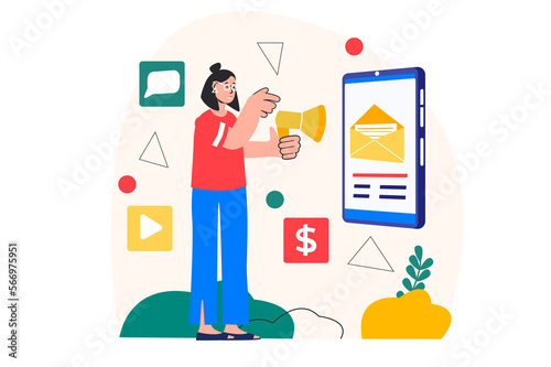 Concept Email marketing with people scene in the flat cartoon design. Marketer distributes services by describing them in e-mail.