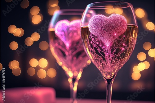 Valentine's Day celebration toast. Valentine's day toast, pink champagne glasses close up, pink bokeh lights background. AI generated image.