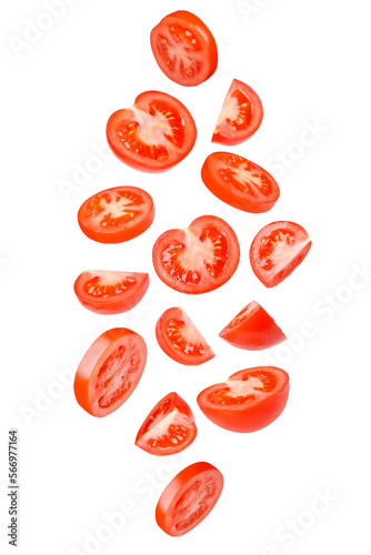 Flying tomatoes cut into different shapes. Tomatoes, tomatoes, cut, fresh tomatoes. Isolated.