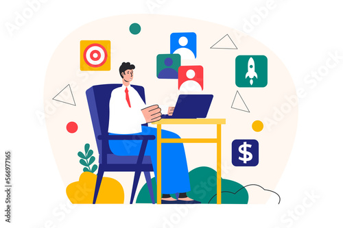 Concept Business target with people scene in the flat cartoon style. Manager tells the future goals of the business company in a video conference.