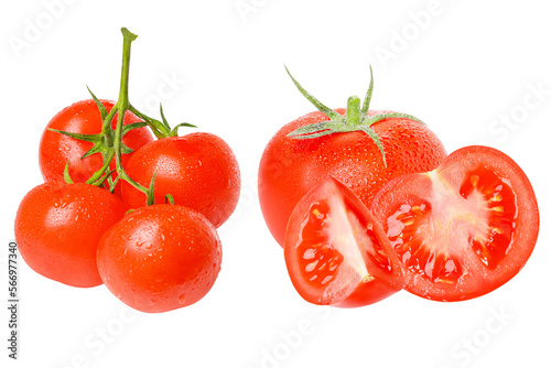 Bunch of tomatoes. Whole fresh tomato. Two pieces of tomato, cut in half and quartered. Composition of tomatoes ready. isolated