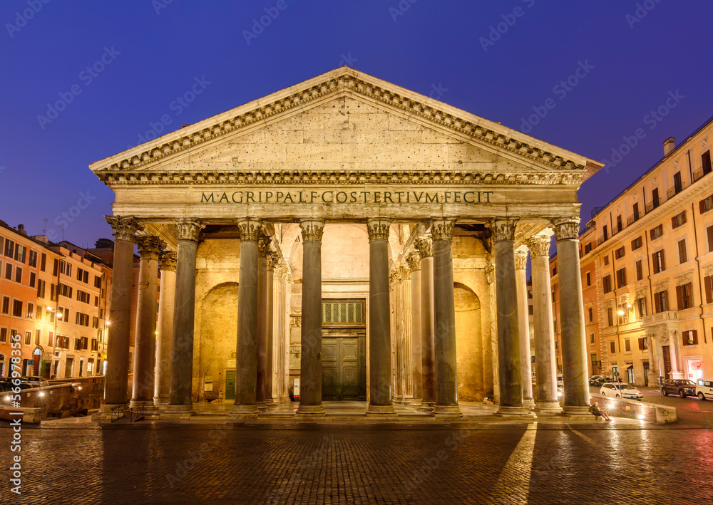 Pantheon building in Rome at night, Italy