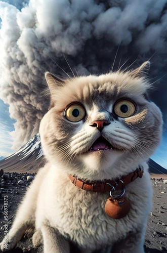 Fluffy cat selfie, volcano eruption. Generative AI. photo