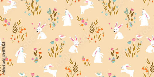 Cute hand drawn Easter seamless pattern with bunnies, flowers, easter eggs, beautiful background, great for Easter Cards, banner, textiles, wallpapers - vector design