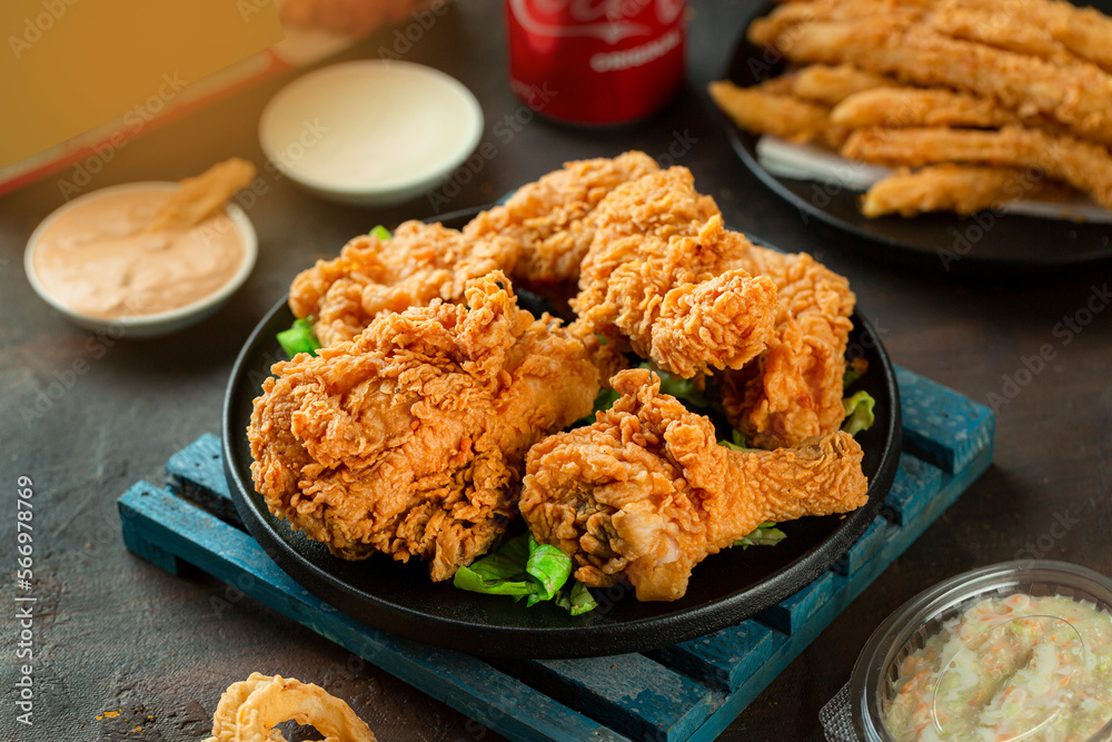 Crispy chicken thighs, KFC crispy chicken meal Stock Photo Adobe Stock