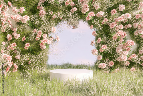 Natural beauty podium backdrop with spring flower field. #566978750