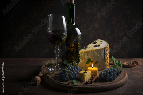 Still life with red wine, cheese and grapes.