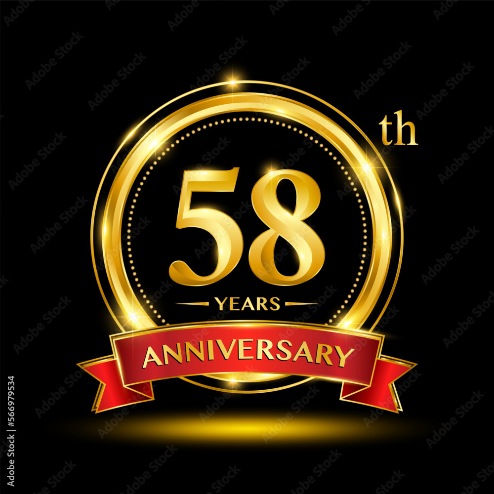 58th Anniversary logo design with golden ring and red ribbon for anniversary celebration event. Logo Vector Template Illustration 58th Anniversary logo design with golden ring and red ribbon for anniversary celebration event. Logo Vector Template Illustration