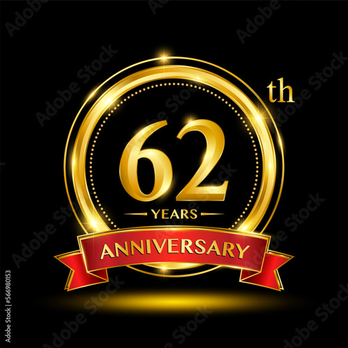 62th Anniversary logo design with golden ring and red ribbon for anniversary celebration event. Logo Vector Template Illustration