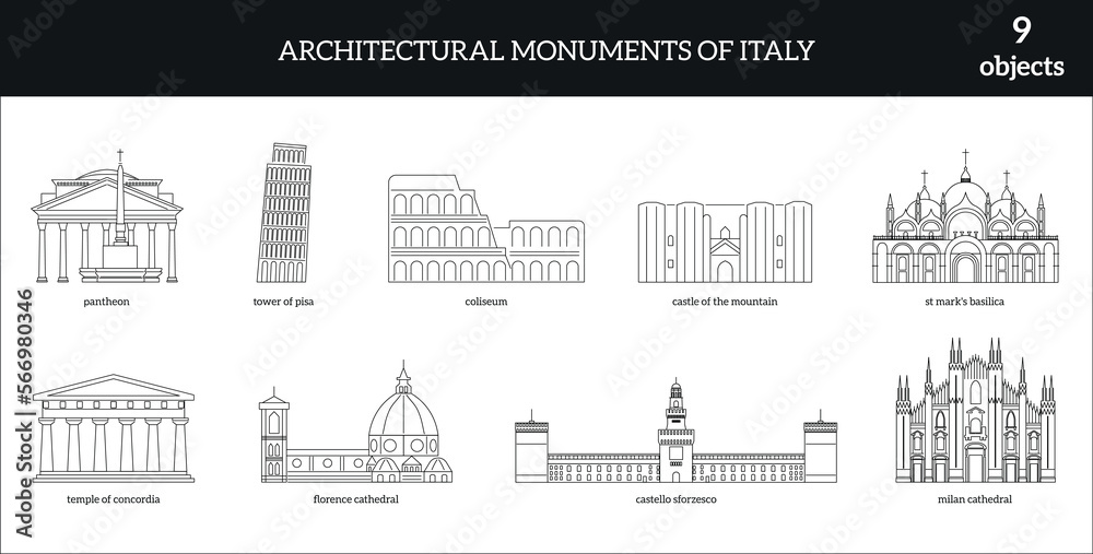 Architectural monuments of Italy. 9 objects. Icons outline icon set includes thin line. icons for report, presentation, diagram, web design