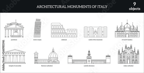 Architectural monuments of Italy. 9 objects. Icons outline icon set includes thin line. icons for report, presentation, diagram, web design