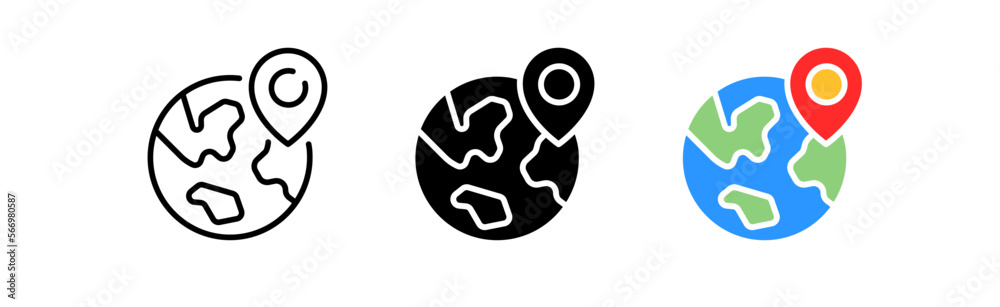 Planet with location pointer line icon. Geolocation, navigation equipment, cartography, travel, business trip, gps, satellite. Vector icon in line, black and colorful style on white background Planet with location pointer line icon. Geolocation, navigation equipment, cartography, travel, business trip, gps, satellite. Vector icon in line, black and colorful style on white background