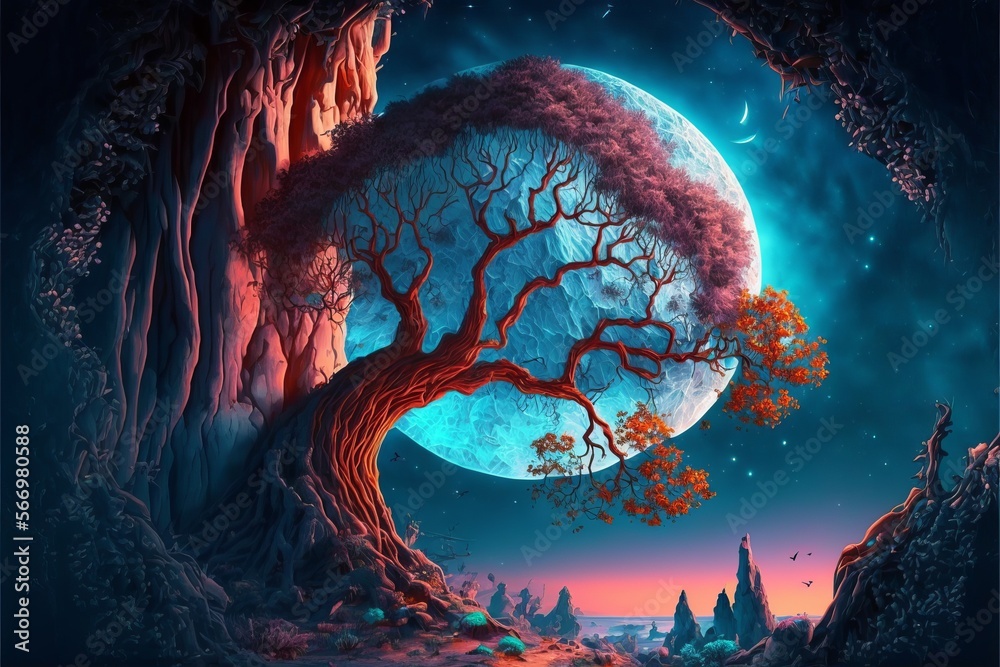 Colorful Tree of Life with fantasy cyan moon background
