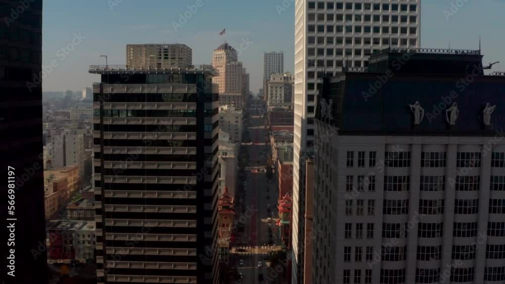 Slow aerial shot down California street San Francisco Slow aerial shot down California street San Francisco