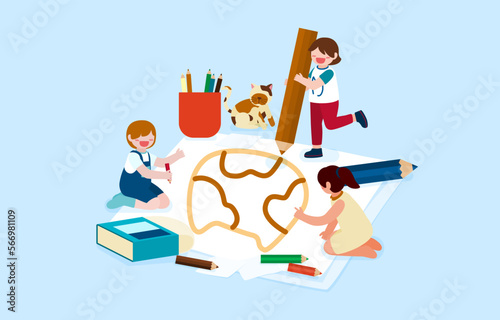 Big isolated cartoon character vector illustration of Cute kids drawing, sketching nad painting  and learning, and discovering new