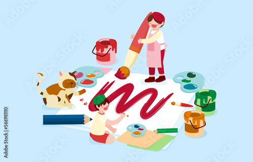 Big isolated cartoon character vector illustration of Cute kids drawing, sketching nad painting  and learning, and discovering new