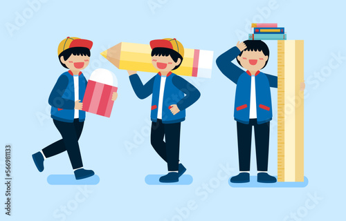 Big isolated cartoon character vector illustration of Cute kids drawing, sketching nad painting  and learning, and discovering new