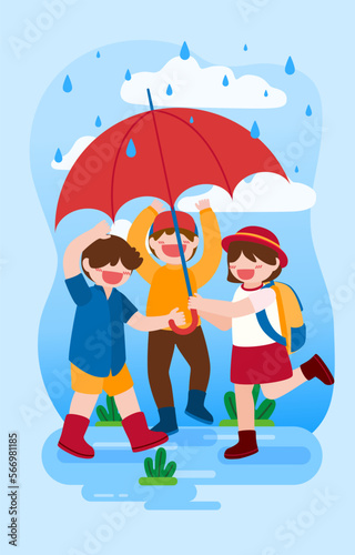 Big isolated cartoon character vector illustration of Cute kids playing in rain out side home , flat illustration