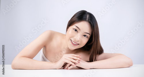 Closeup portrait beauty asian woman clear healthy perfect skin isolated on white background  asian beautiful Korean girl smile face. Beauty glow makeup facial long hair treatment skincare concept