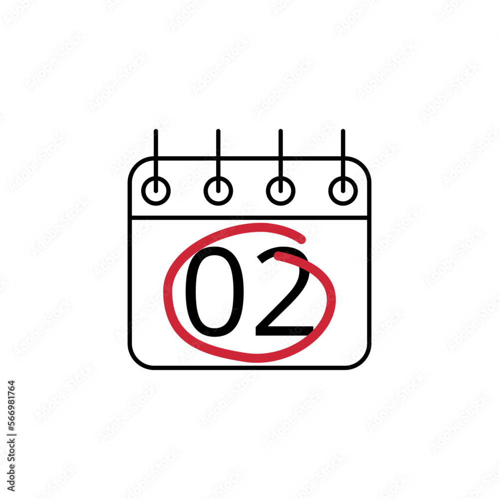 Flat icon of calendar marking day 02 with red line. Flat icon of calendar marking day 02 with red line.