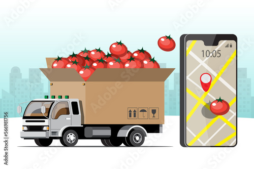 Big isolated vehicle vector colorful icons, flat illustrations of delivery by van through GPS tracking location. delivery vehicle, goods and  food delivery, instant delivery, online delivery. photo