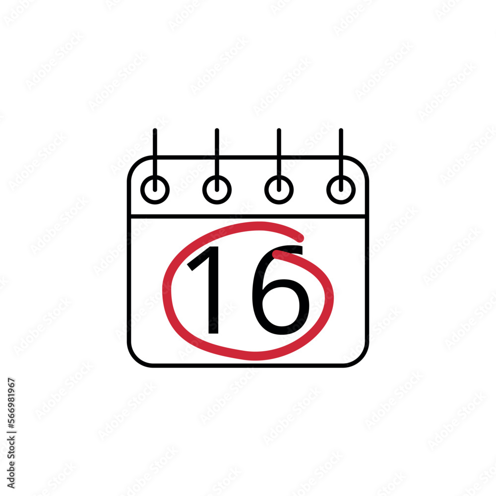 Flat icon of calendar marking day 16 with red line. Flat icon of calendar marking day 16 with red line.