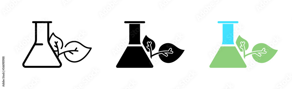 Flask with leaf line icon. Glass, test tube, scientist, science, research, man, plants, ecology, planet, careful handling, protection. Vector icon in line, black and colorful style on white background
