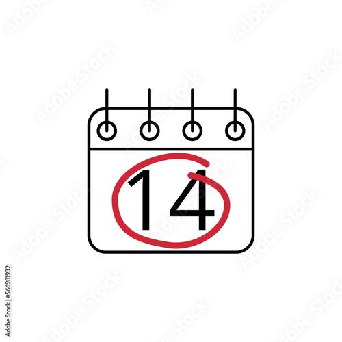 Flat icon of calendar marking day 14 with red line.