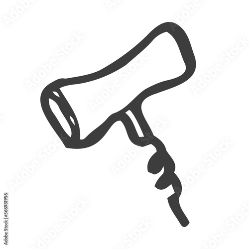 Wooden wine corkscrew linear vector icon in doodle sketch style