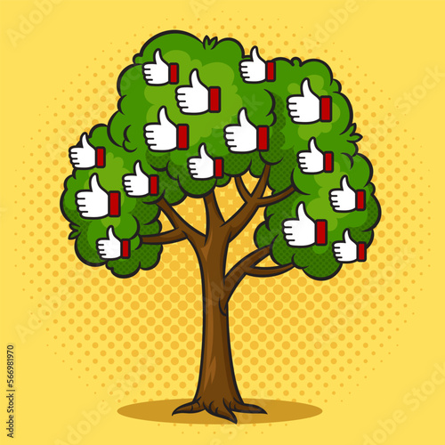 tree with likes thumb up fruits symbols pinup pop art retro vector illustration. Comic book style imitation.