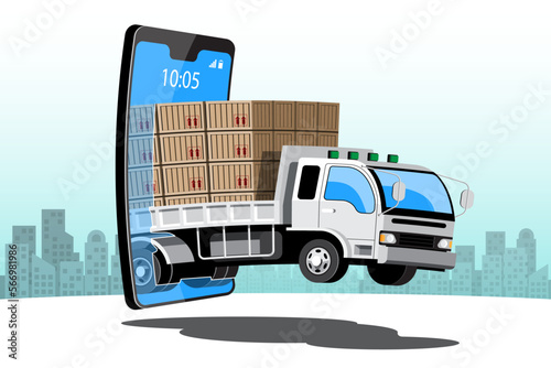 Big isolated vehicle vector colorful icons, flat illustrations of delivery by van through GPS tracking location. delivery vehicle, goods and  parcel delivery, instant delivery, online delivery. photo