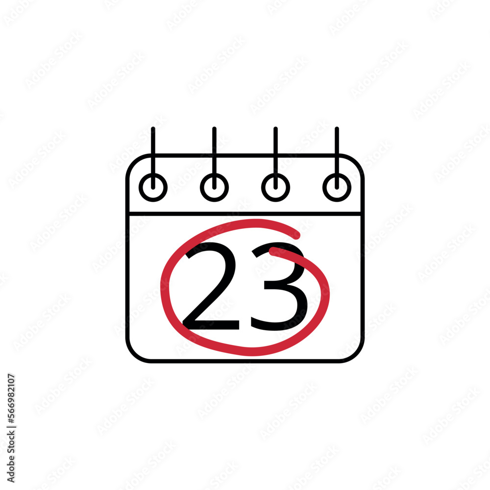 Flat icon of calendar marking day 23 with red line. Flat icon of calendar marking day 23 with red line.