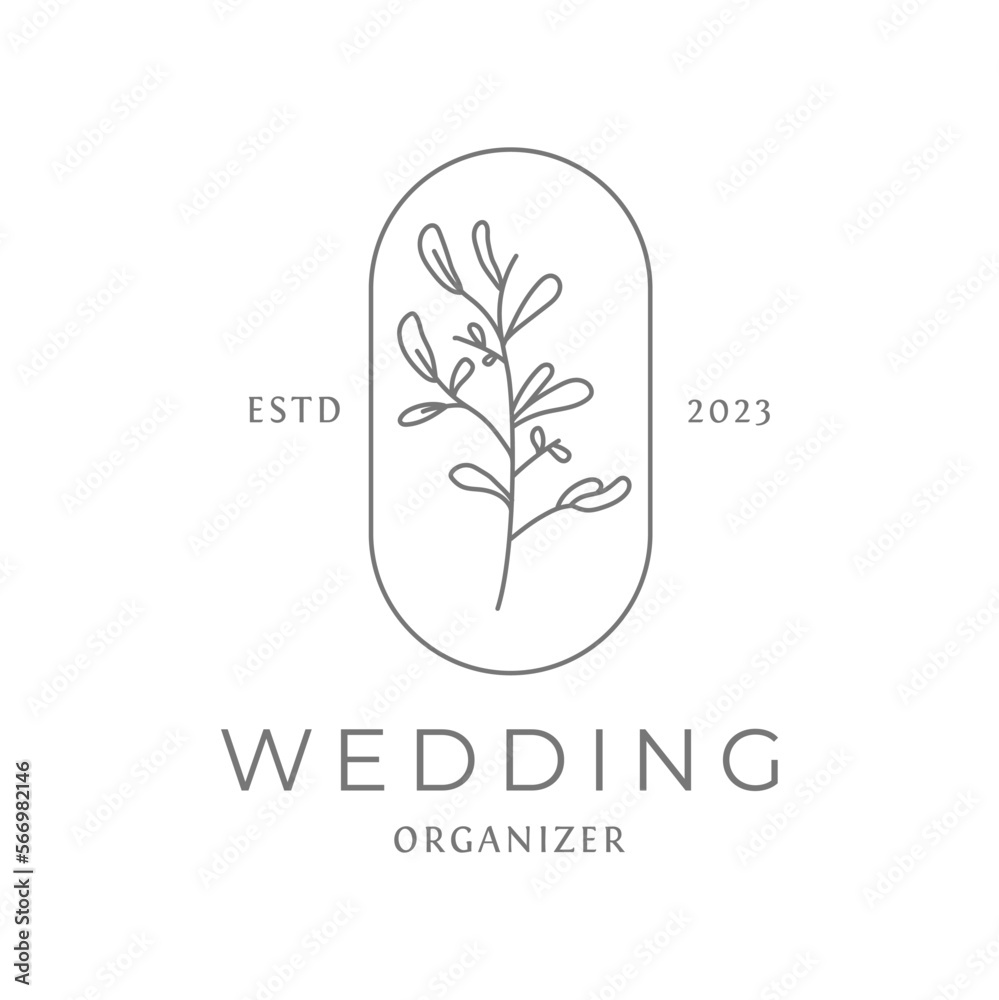 Fototapeta premium Wedding logo. Minimalistic floral frames. Elegant herbs or blossoms. Vector botanical, botanic badge