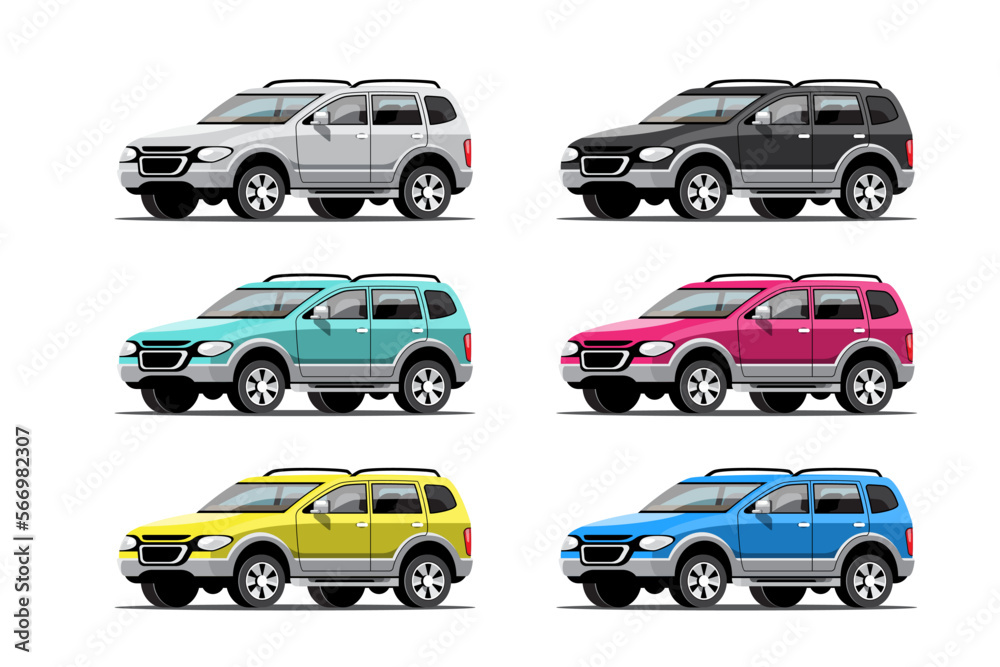 Big isolated vehicle vector colorful icons set, flat illustrations of various type car.