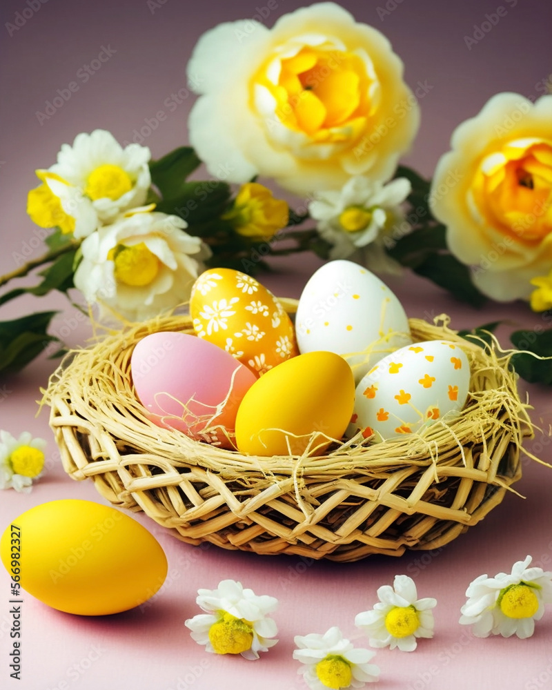 Colorful Easter eggs in a wicker basket on the background of spring flowers. Generative AI, generative artificial intelligence