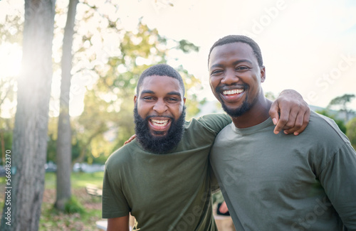 Foto Black men, friends and happy face portrait of volunteer people outdoor at a nature park in summer