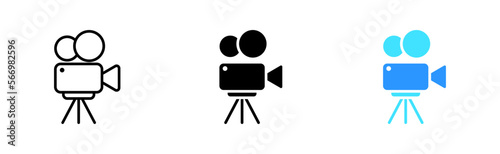 Camera line icon. Photo, film, camera lens, tripod, cinema, video, filming, photo processing, color correction, exposure, contrast. Vector icon in line, black and colorful style on white background
