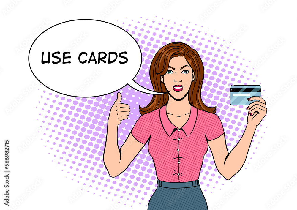 Young woman with bank card pop art PNG illustration with transparent background Young woman with bank card pop art PNG illustration with transparent background