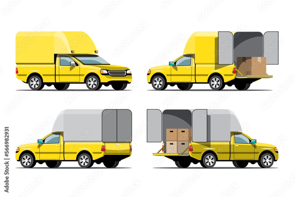 Big isolated vehicle vector icons set, flat illustrations various view of van, logistic commercial transport concept.