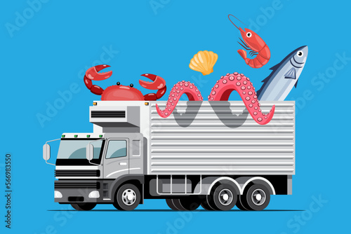 Big isolated vehicle vector colorful icons, flat illustrations of delivery by van through GPS tracking location. delivery vehicle, fish and  food delivery, instant delivery, online delivery. photo