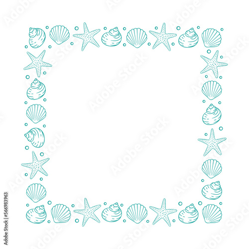 Square seashells frame. Sea and ocean design vertical template. Vector illustration summer or beach party advertising design