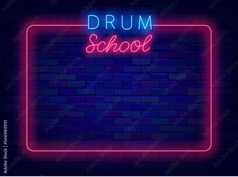 Drum school neon advertising. Glowing poster. Concert and music learning. Vector stock illustration