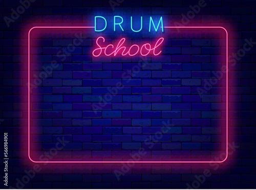 Drum school neon advertising. Glowing poster. Concert and music learning. Vector stock illustration