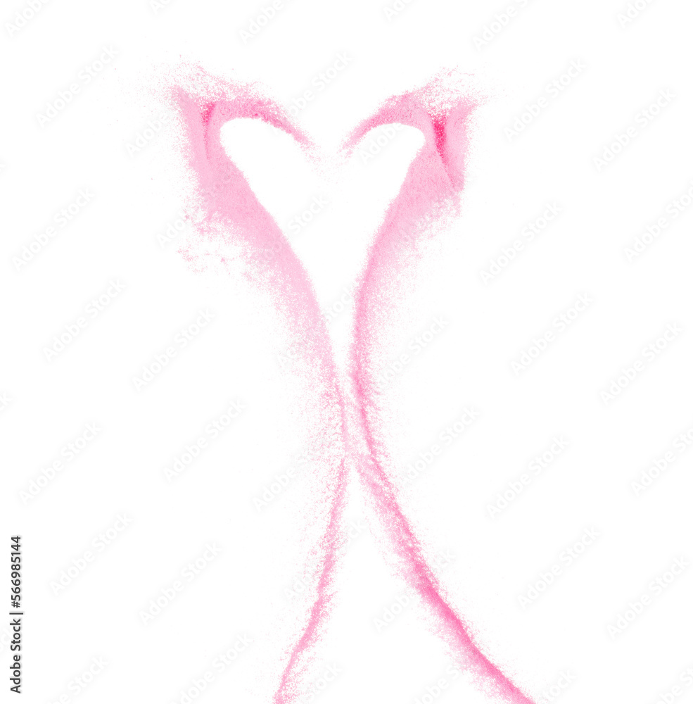 Fototapeta premium Heart Shape pink Sand flying explosion, sweet sands grain wave explode. Abstract cloud fly. Pink colored sand splash throwing in Air. White background Isolated high speed shutter, throwing freeze stop