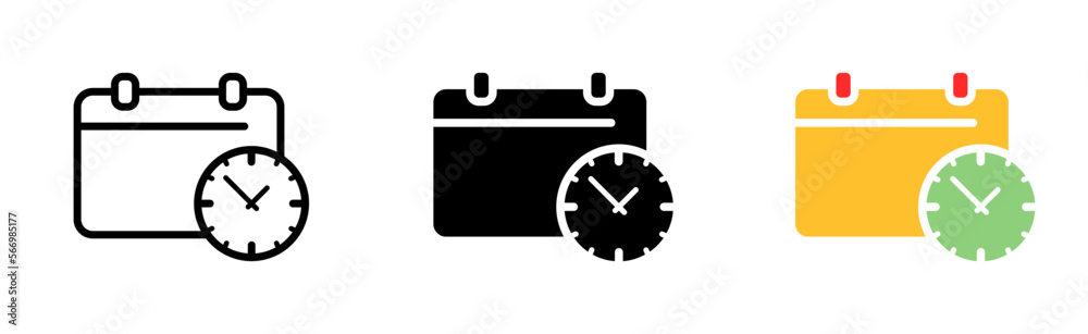 Calendar with clock set icon. Days of the week, reminder, important day, month, year, alarm clock, plans, etc. Punctuality concept. Vector icon in line, black and colorful style on white background Calendar with clock set icon. Days of the week, reminder, important day, month, year, alarm clock, plans, etc. Punctuality concept. Vector icon in line, black and colorful style on white background