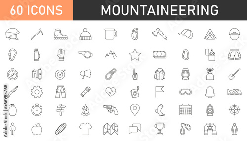 Rock climbing equipment thin line vector icons.