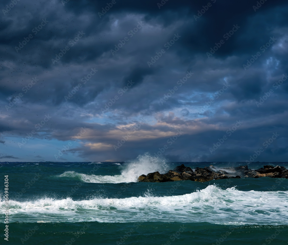 Storm on the Mediterranean Sea. Stormy sky, rain